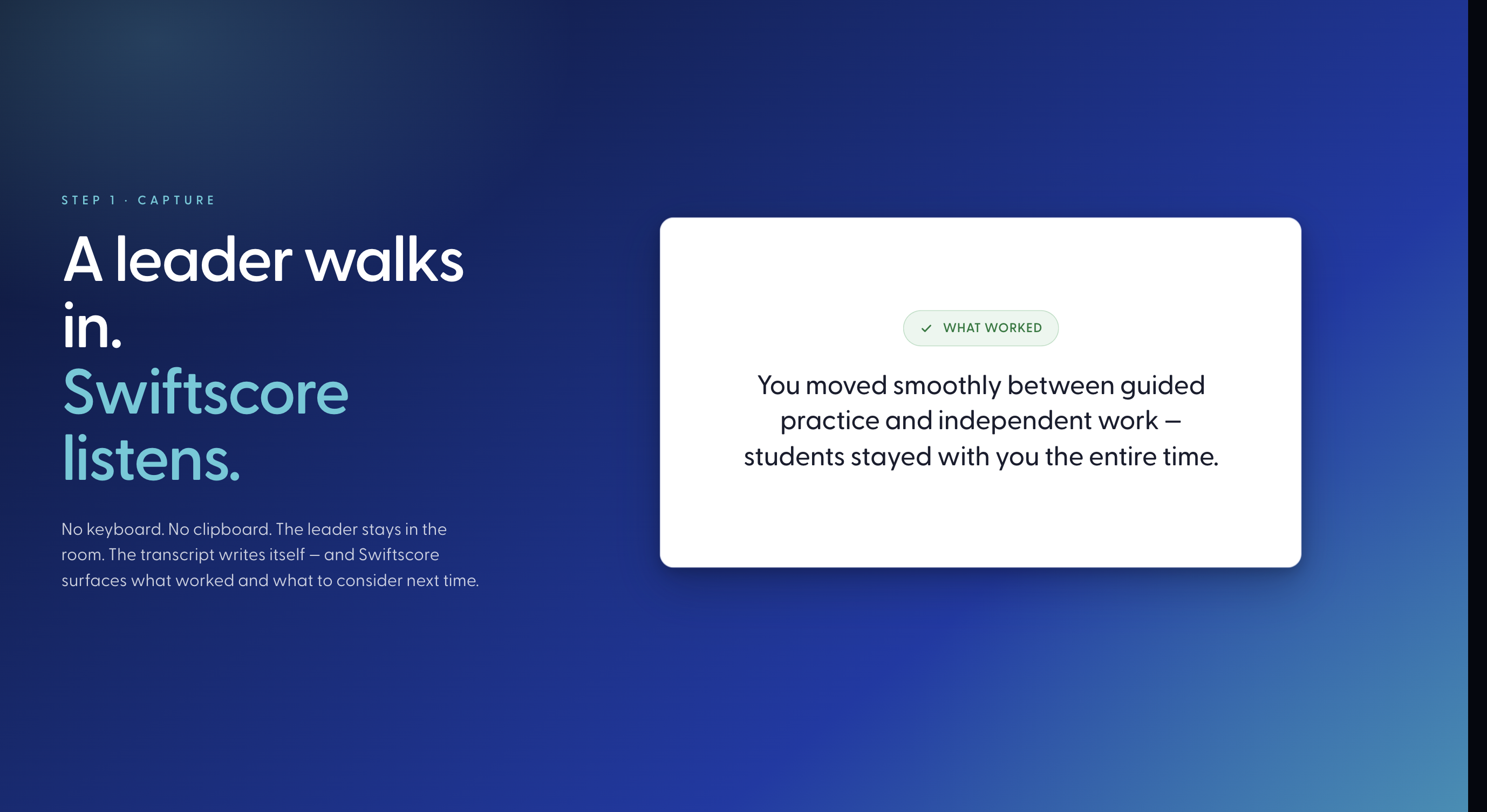 Step 1, Capture — a leader walks in, Swiftscore listens